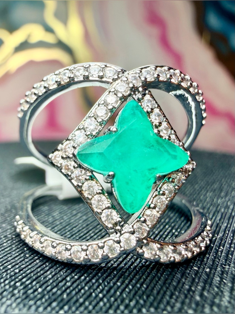 Bomb Party Ring- Emerald Clover on Hematite, Size 8 “Crossroads” RG33306